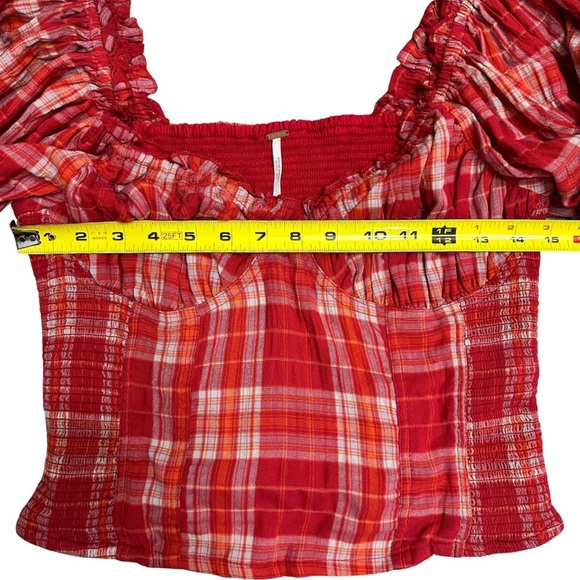 Free People Cherry Bomb Balloon Sleeve Madras Plaid Top Red Hot Medium Milkmaid - Picture 9 of 11